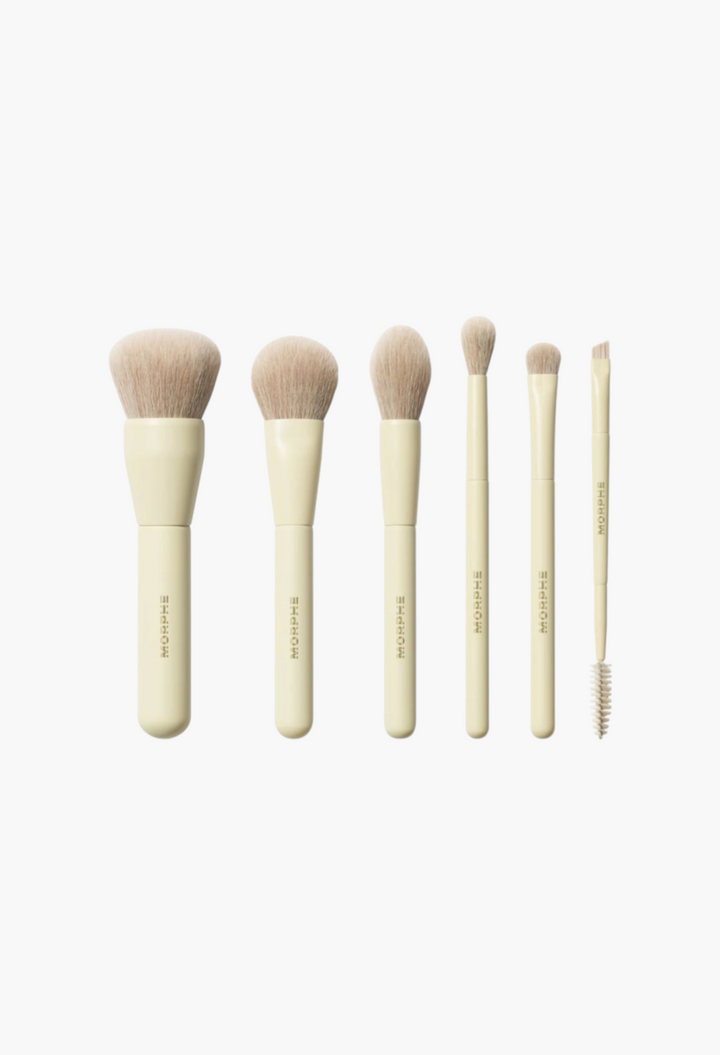 GLAM MODA Morphe Buttery Blends 6-piece travel makeup brush set with butter yellow handles and soft synthetic bristles.