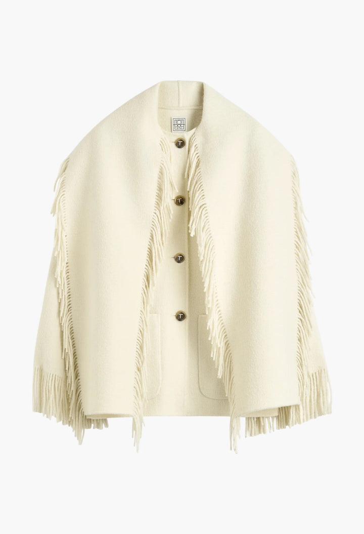 Fringed Scarf Jacket Winter White - GLAM MODA