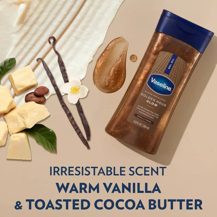 Vaseline Glazed & Glisten Vanilla Cocoa Shimmering Gel Body Oil - Golden Hour Glow - 6.8 fl oz - GLAM MODA