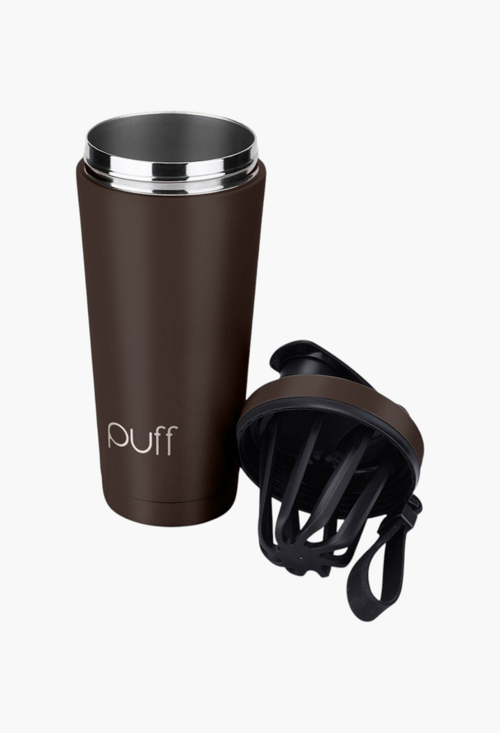 GLAM MODA Matte Shaker in dark brown stainless steel with a black detachable mixing whisk and vacuum-seal cap.
