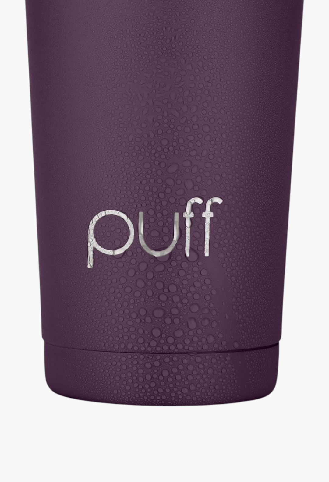 GLAM MODA matte purple stainless steel Puff Shaker bottle with condensation droplets on the exterior surface.