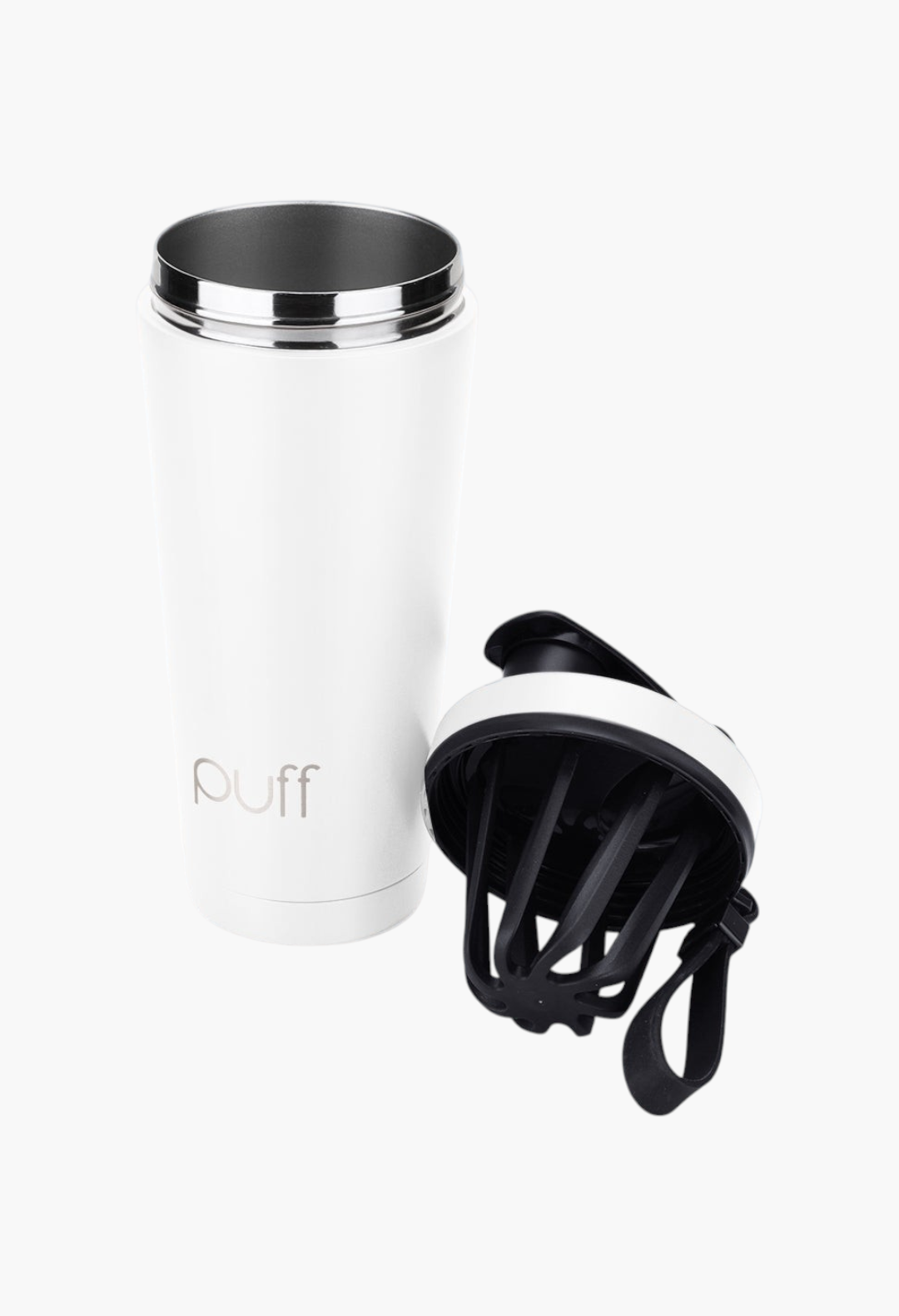 GLAM MODA white stainless steel Puff Shaker bottle with black mixing whisk and vacuum-seal cap