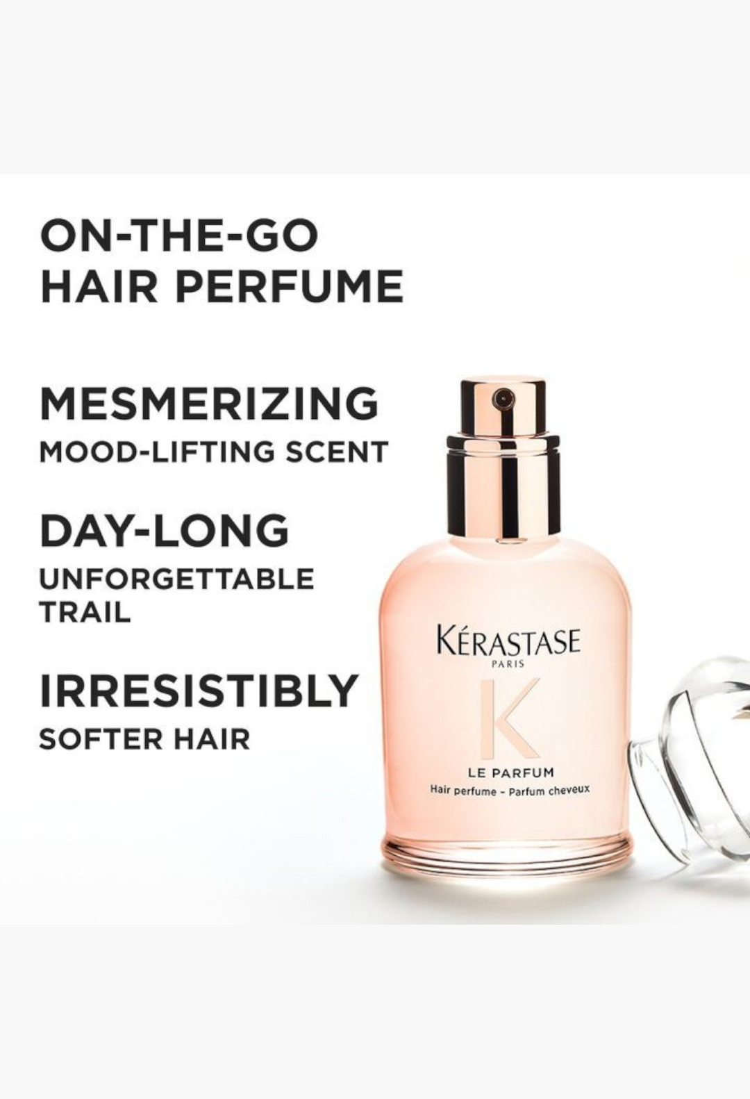 GLAM MODA Kérastase Le Parfum hair perfume in a light pink glass bottle with a metallic cap for soft scented hair
