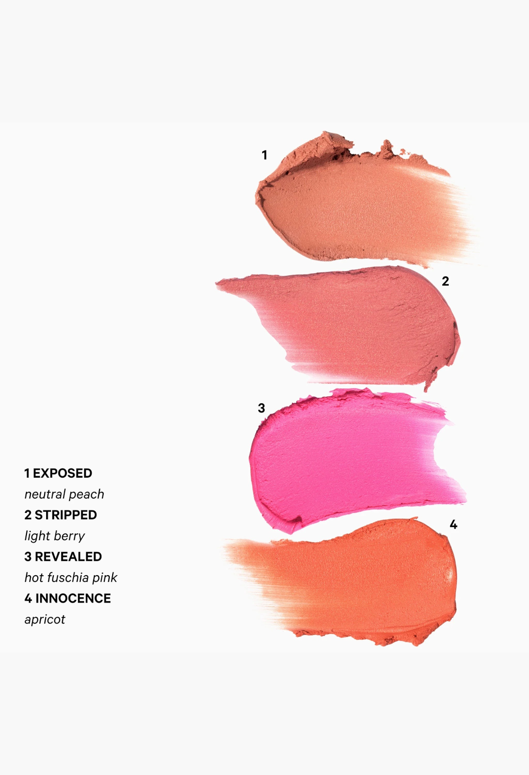 GLAM MODA Sensual Skin Blush swatches in four shades: neutral peach, light berry, hot fuchsia, and apricot cream.