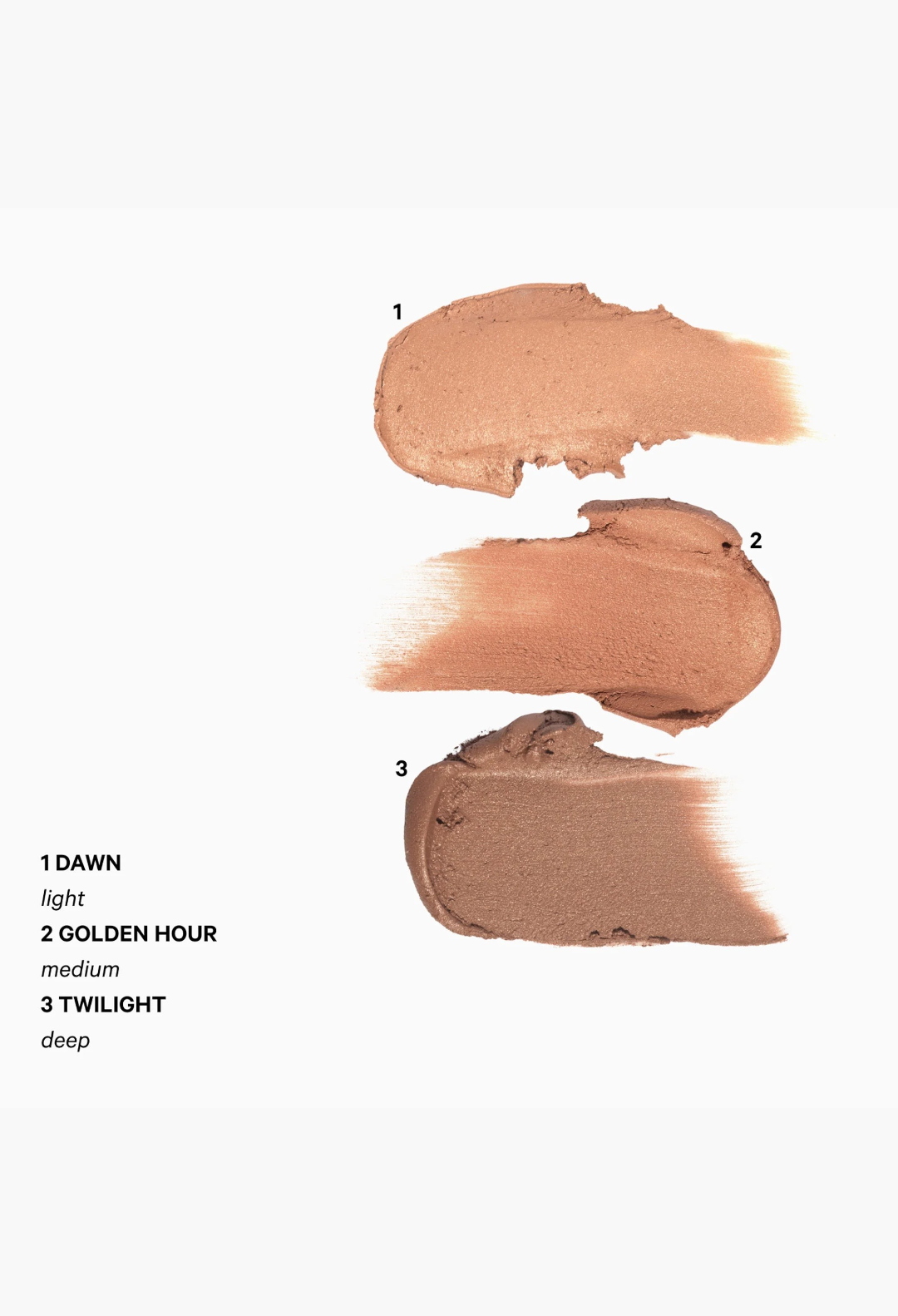 GLAM MODA Sensual Skin Bronzer swatches in three shades showing creamy, buildable gel-to-powder texture.