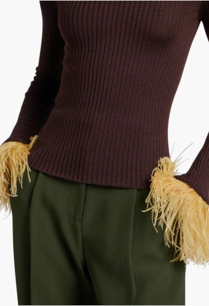 Feather-trimmed cashmere and silk top