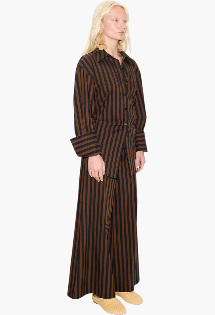 Loch Poplin Button Up - Black/Choco Brown Stripe - GLAM MODA