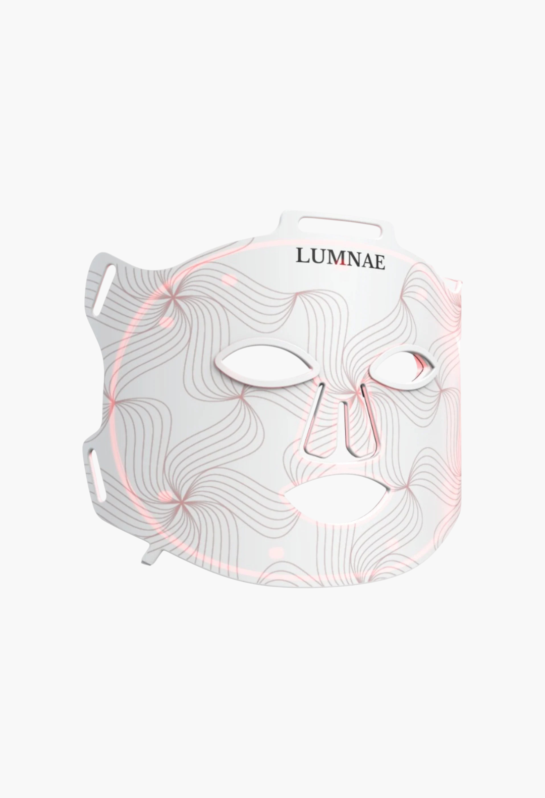 GLAM MODA Lumnae LED light therapy mask in white silicone with intricate line patterns and glowing red light therapy