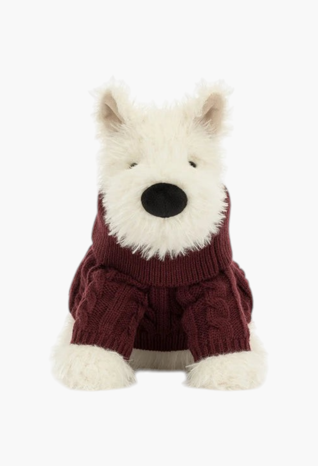 GLAM MODA Munro Scottie dog plush toy wearing a cozy burgundy cable-knit sweater with a high neck