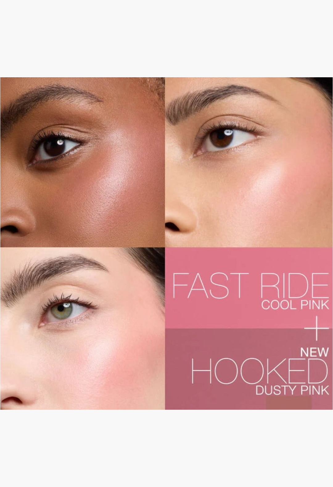 GLAM MODA Mini Insatiable Liquid Blush Duo in Fast Ride cool pink and Hooked dusty pink shades on diverse skin tones