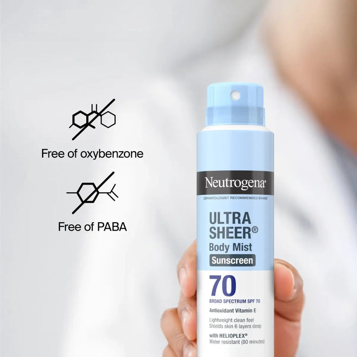 Neutrogena Ultra Sheer Body Mist Sunscreen Spray Broad Spectrum SPF 70, Lightweight, Non-Greasy & Water Resistant, Oil-Free & Non-Comedogenic UVA/UVB Sunscreen Mist, 5 oz - GLAM MODA