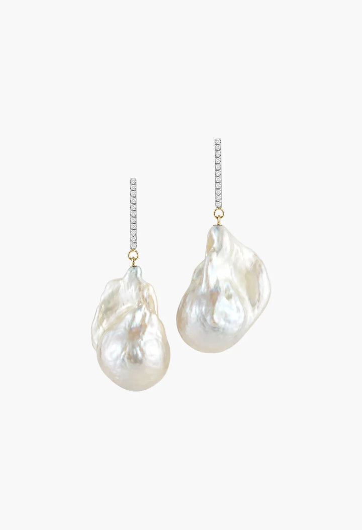 14kt Diamond Bar Baroque Pearl Earrings