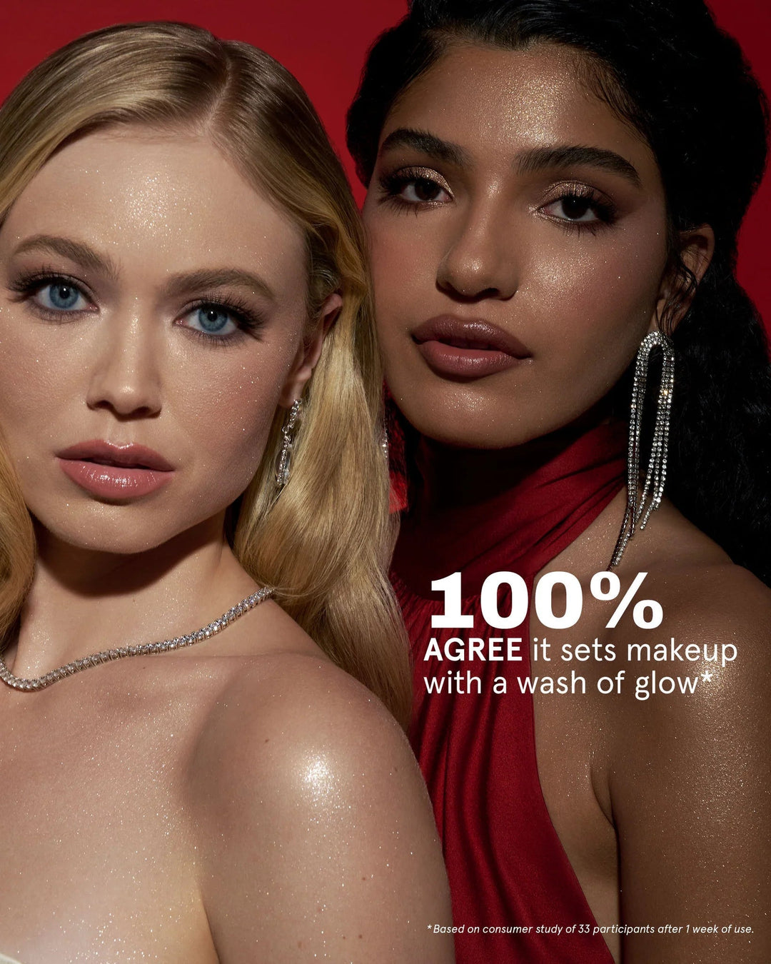 GLAM MODA Diamond Icing waterproof glitter setting spray on two models with glowing skin and sparkling makeup