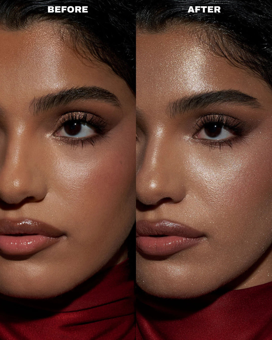 GLAM MODA Diamond Icing waterproof glitter setting spray showing a before and after comparison on a model's face.