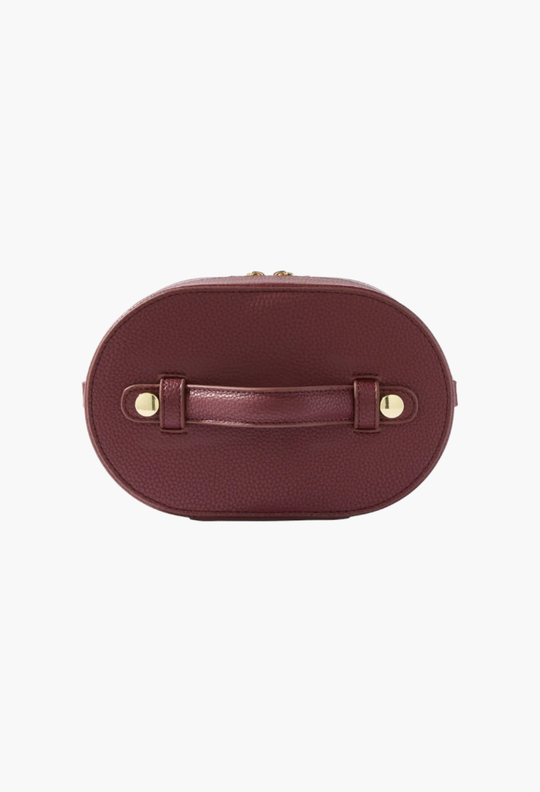 GLAM MODA oval toiletry case in deep burgundy vegan leather with a top handle and gold hardware details.