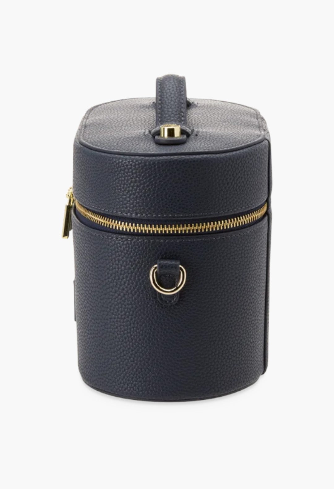 GLAM MODA navy vegan leather oval toiletry case with gold zipper and top handle for travel organization