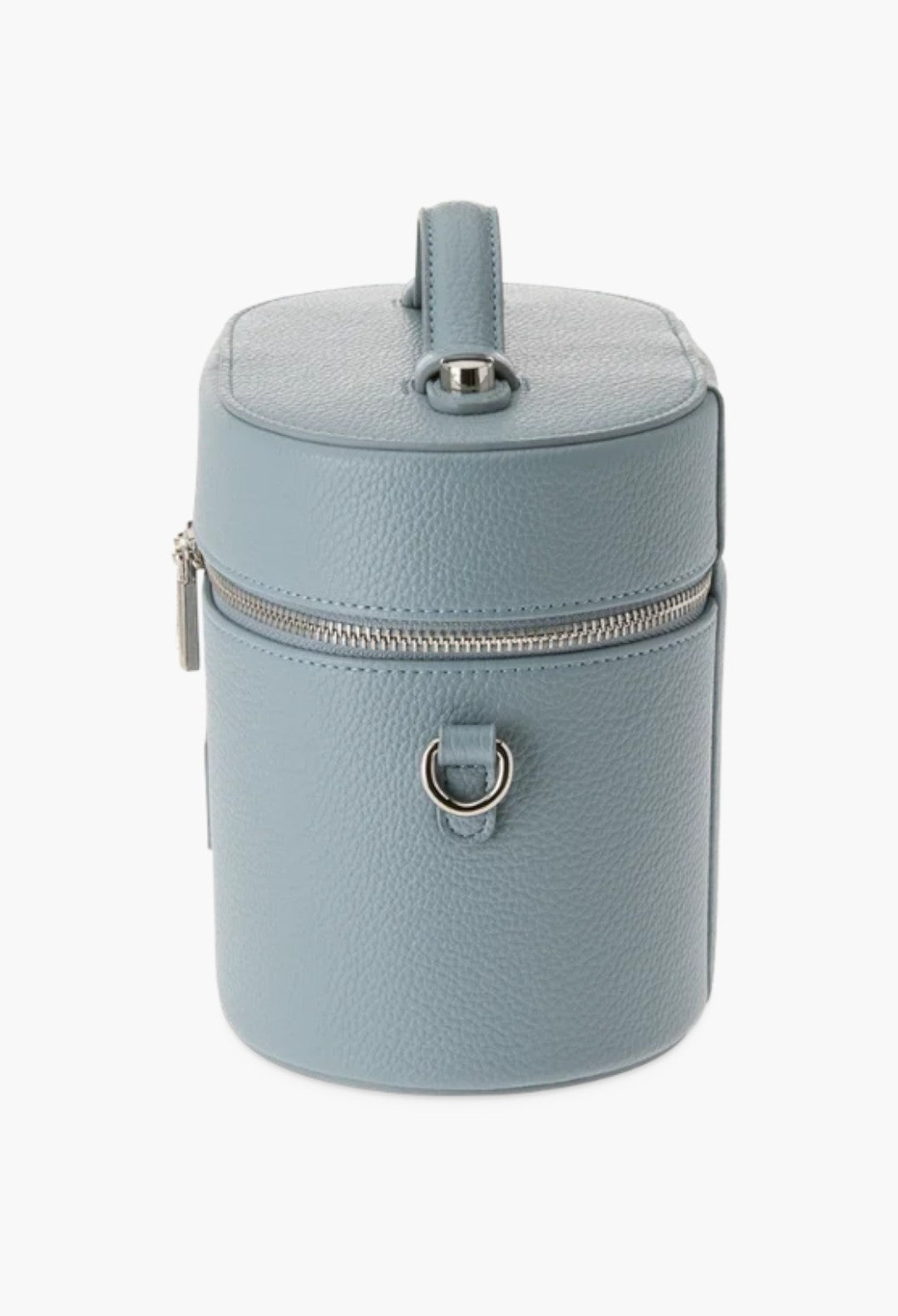 GLAM MODA oval toiletry case in light blue vegan leather with a top handle, silver hardware, and shoulder strap rings.