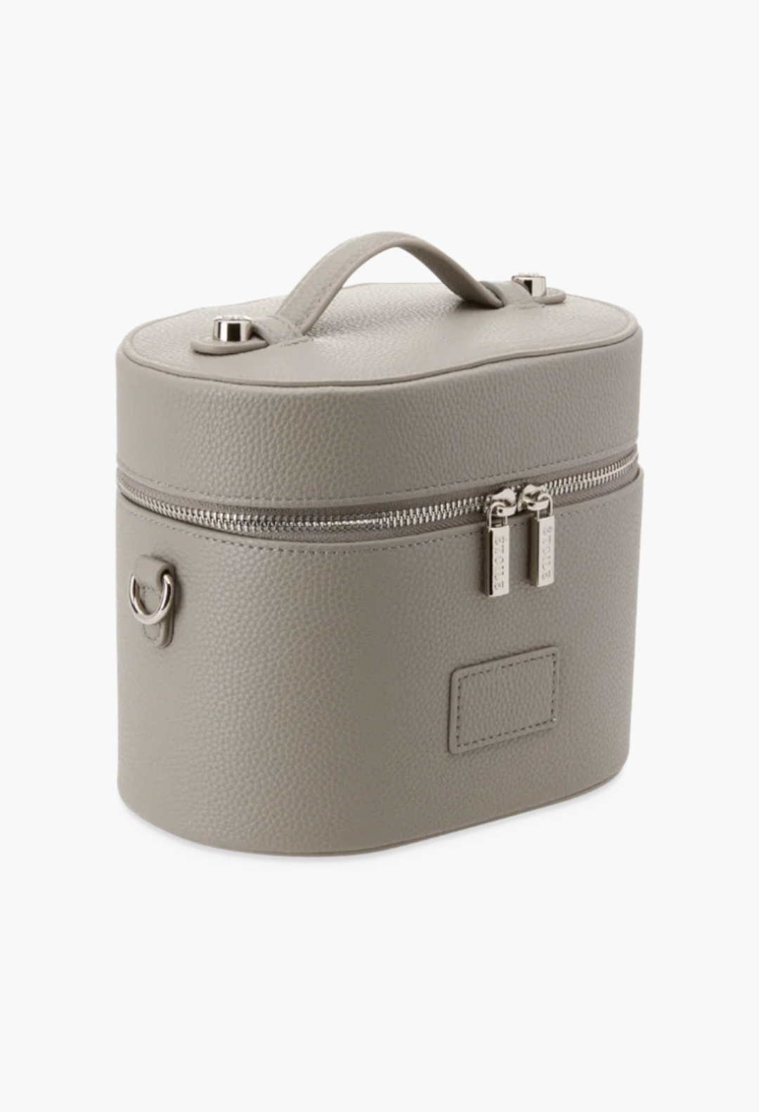 GLAM MODA oval toiletry case in grey vegan leather with a top handle, dual zipper closure, and shoulder strap rings.