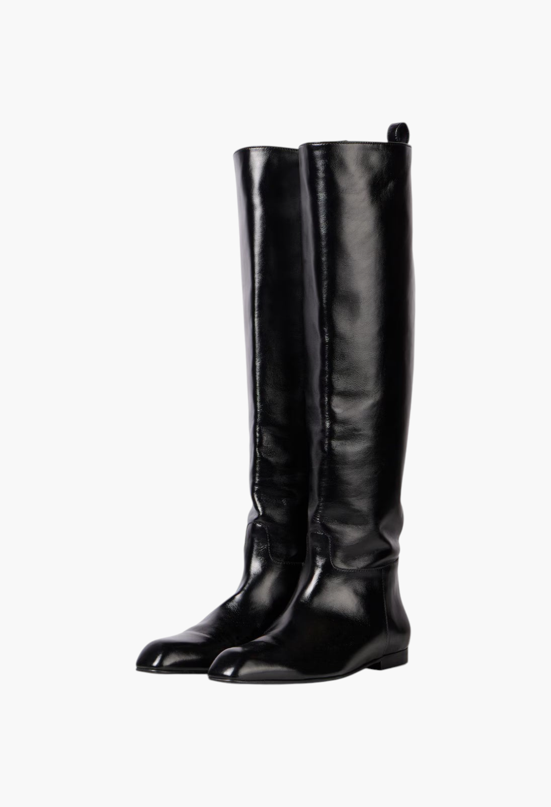 GLAM MODA Colt black leather knee-high boots with an almond toe and low heel, displayed on a marble surface.