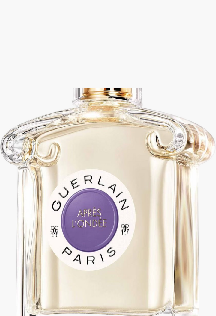 GLAM MODA Guerlain Après l'Ondée eau de toilette in an iconic inverted heart glass bottle with Art Nouveau scrolls