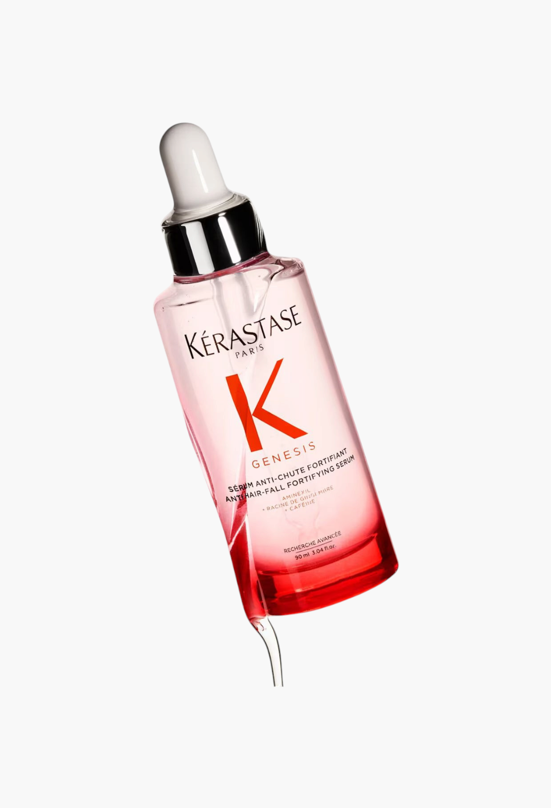 GLAM MODA Kérastase Genesis anti-hair fall fortifying serum bottle with dropper in a pink and red gradient glass bottle