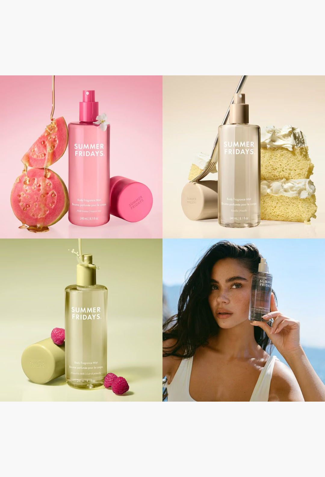 GLAM MODA Body Fragrance Mist collection in Pink Guava, Vanilla, and Pistachio Milk scents with fruit and cake accents