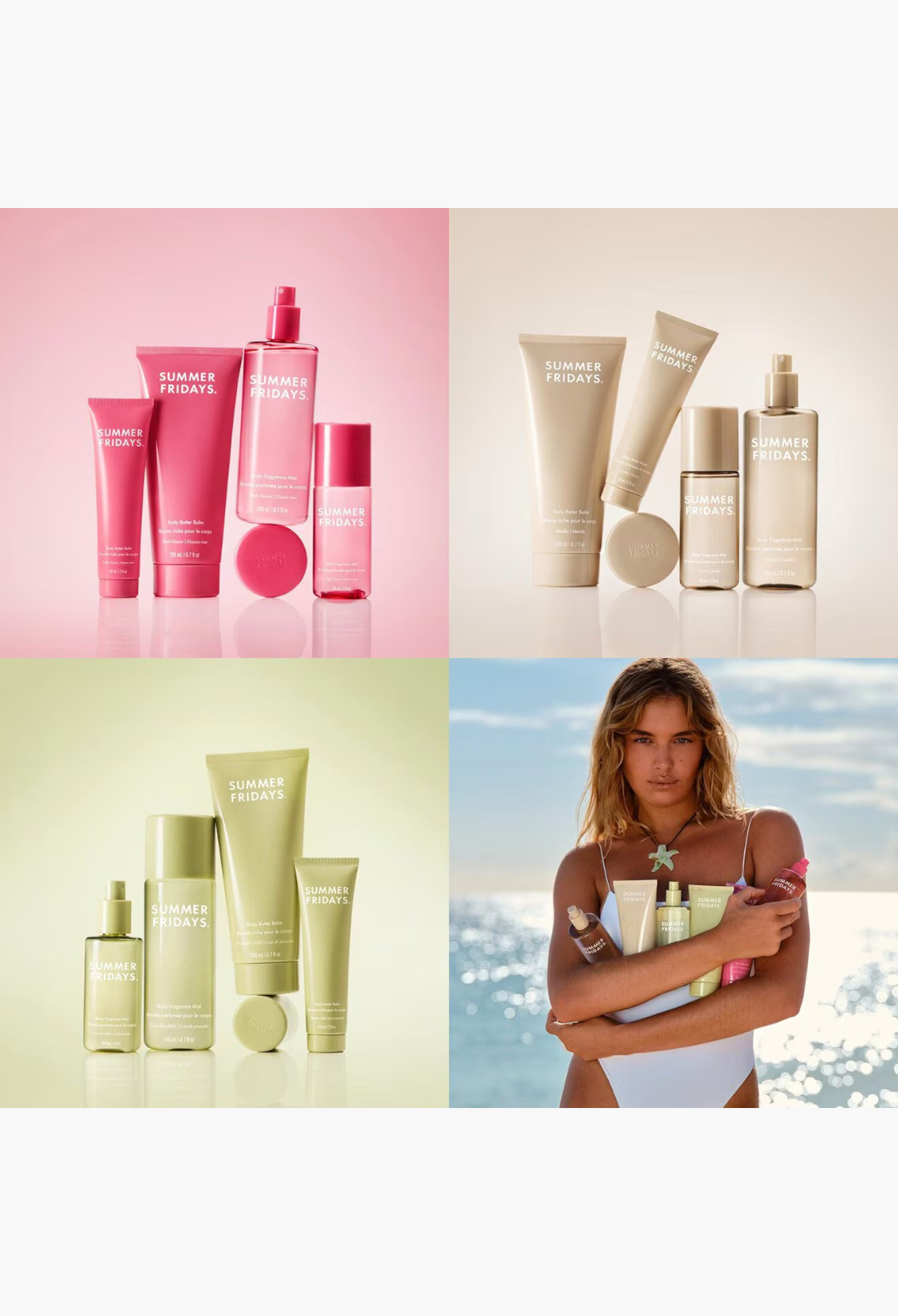 GLAM MODA collection of Summer Fridays body fragrance mists and butter balms in pink, beige, and green packaging.