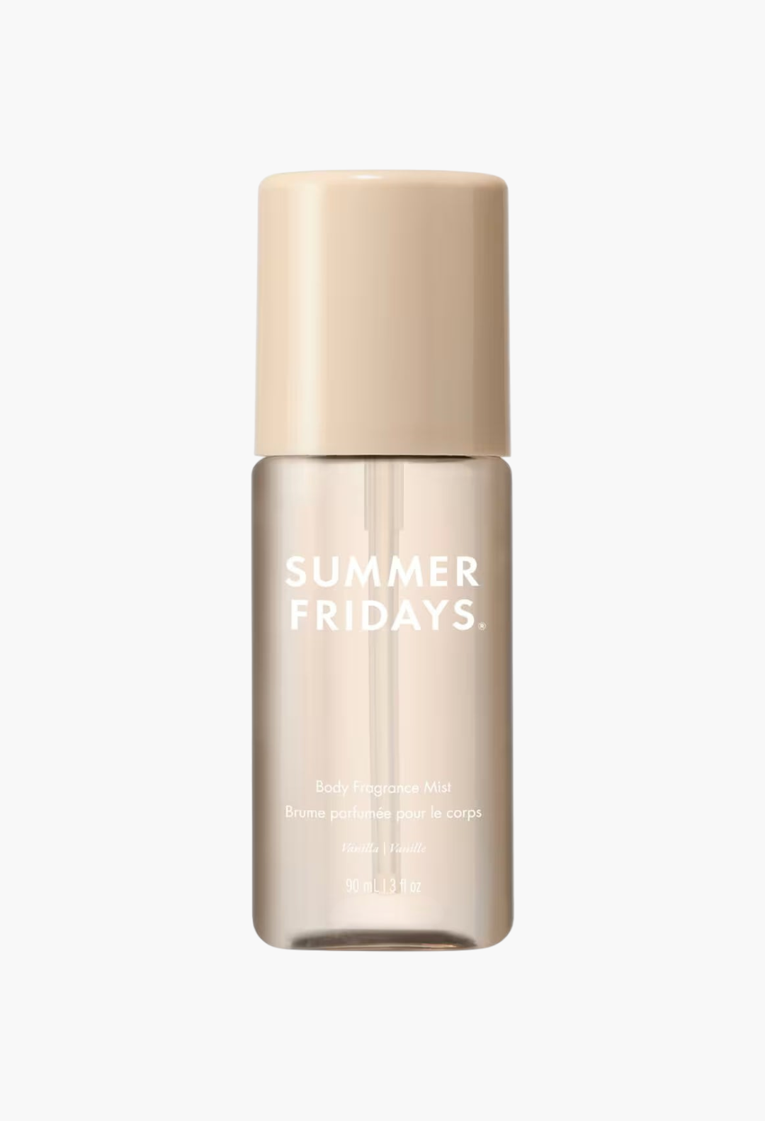 GLAM MODA Summer Fridays Vanilla body fragrance mist in a clear 90ml spray bottle with a beige cap.