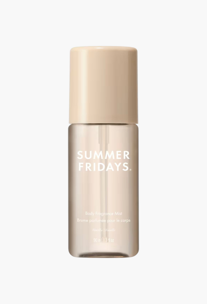 GLAM MODA Summer Fridays Vanilla body fragrance mist in a clear 90ml spray bottle with a beige cap.