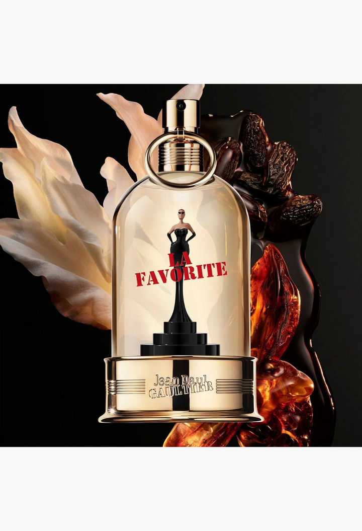 GLAM MODA Jean Paul Gaultier La Favorite Eau de Parfum bottle featuring a miniature figurine on a pedestal inside