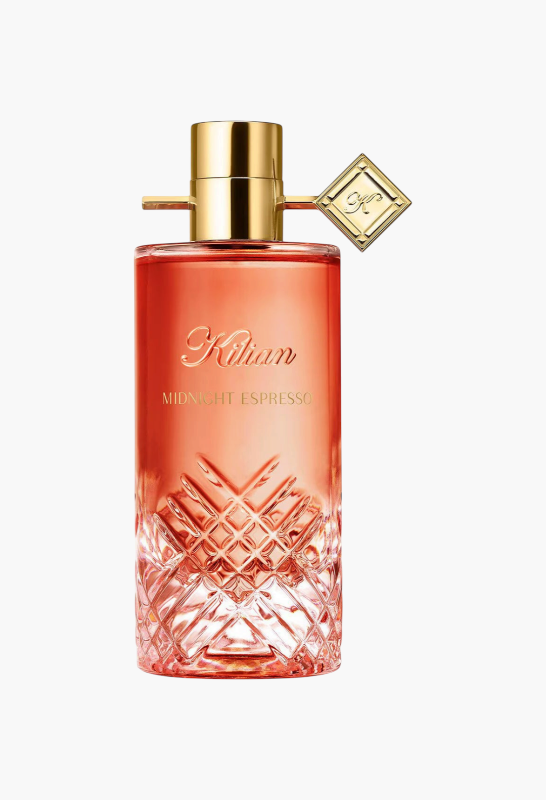 GLAM MODA Midnight Espresso Eau de Parfum in a sleek glass bottle with gold cap and intricate diamond-cut base.