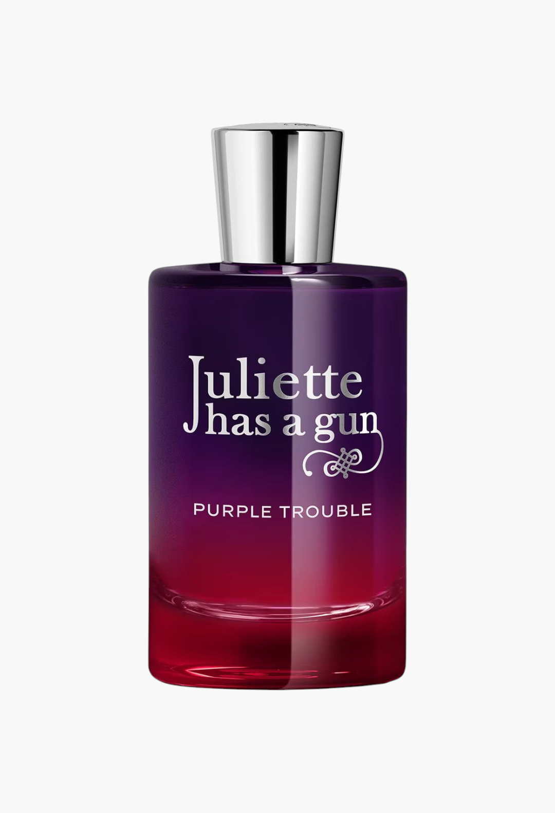 GLAM MODA Juliette Has A Gun Purple Trouble perfume bottle with a purple and red gradient glass design.