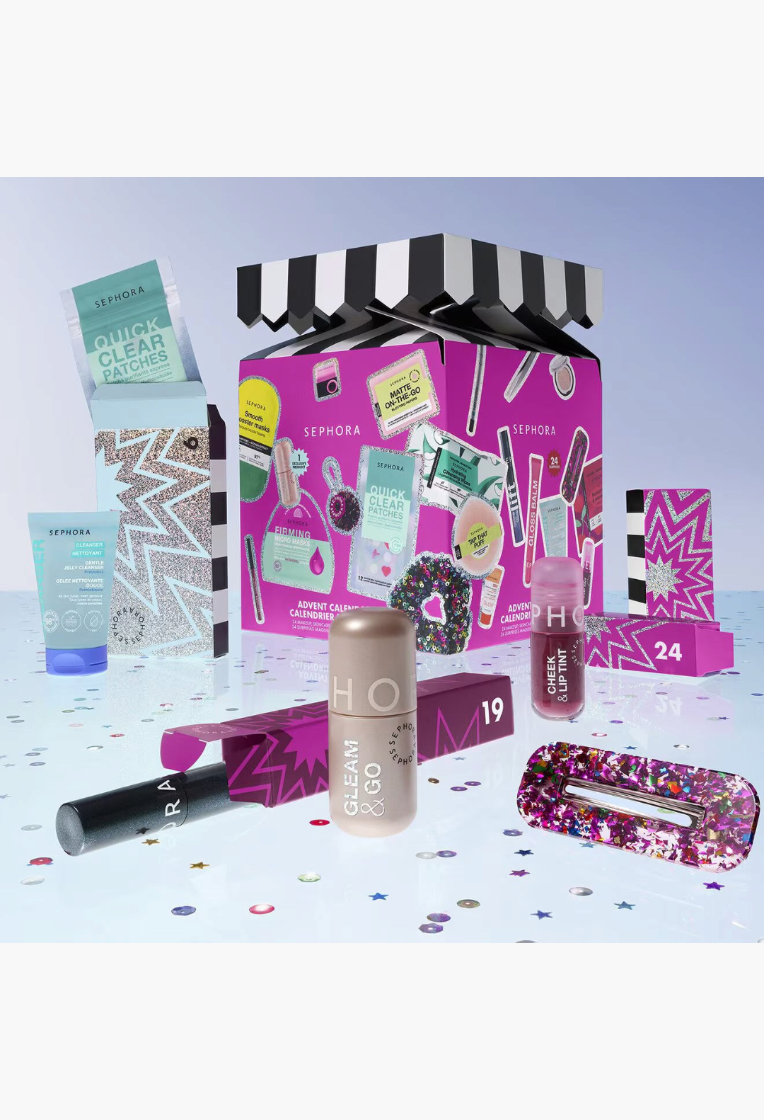 GLAM MODA beauty advent calendar with 24 makeup, skincare, and accessory surprises in a festive pink gift box
