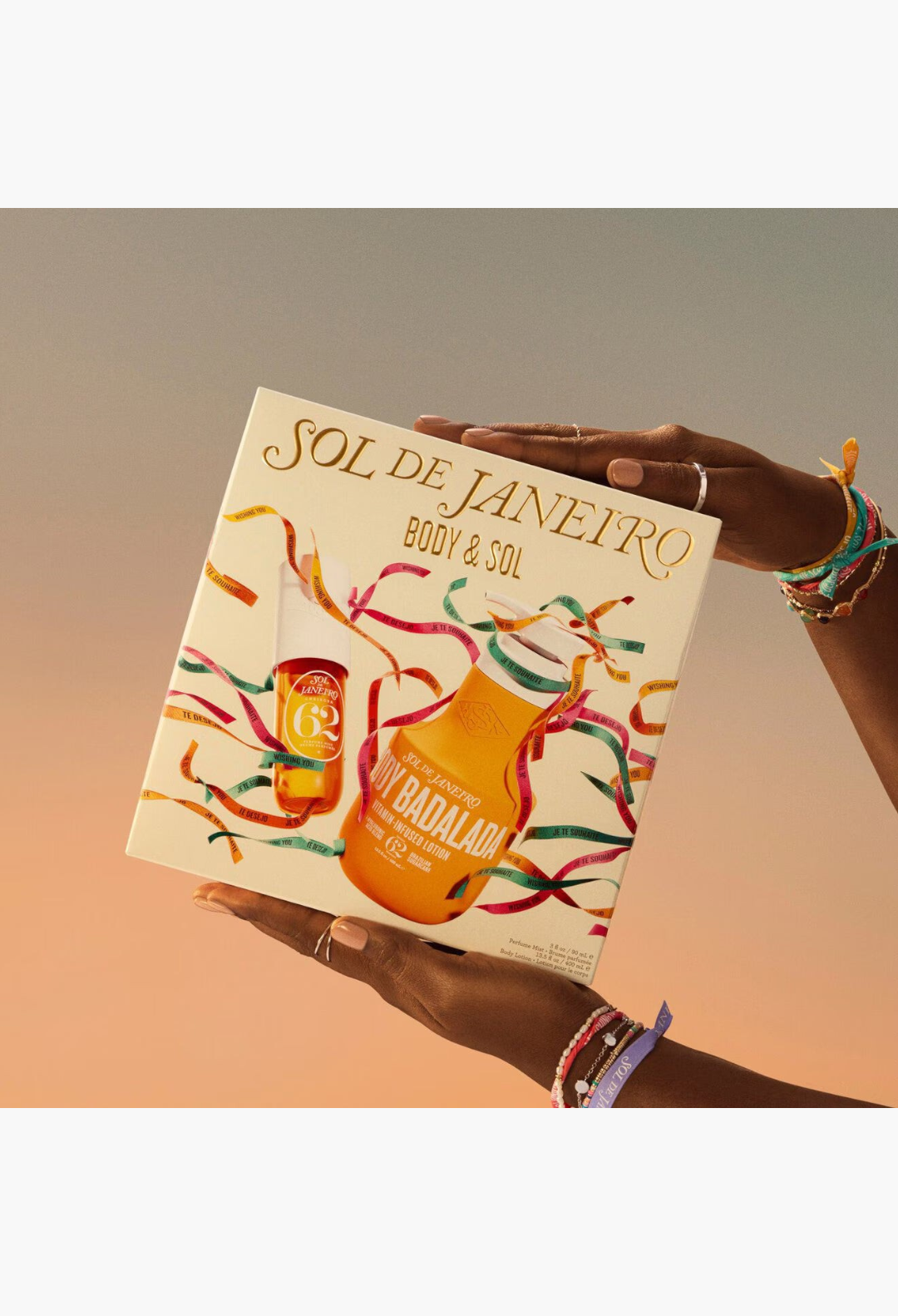 GLAM MODA Sol de Janeiro Body & Sol gift set featuring Cheirosa 62 perfume mist and Body Badalada lotion in a box.