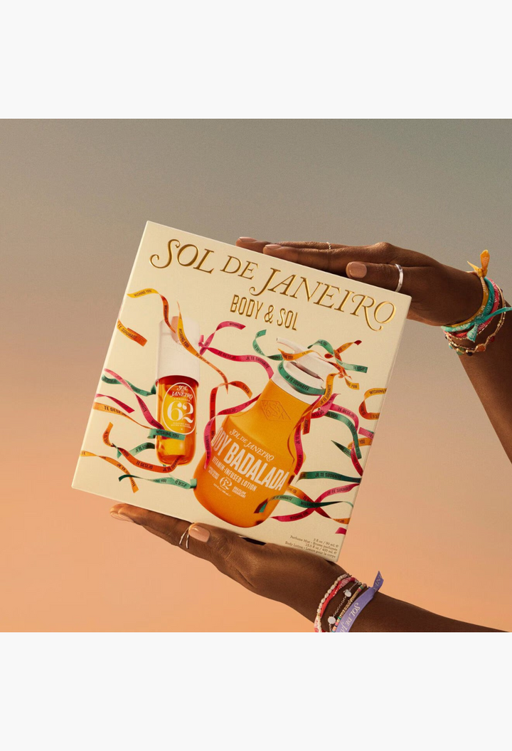 GLAM MODA Sol de Janeiro Body & Sol gift set featuring Cheirosa 62 perfume mist and Body Badalada lotion in a box.