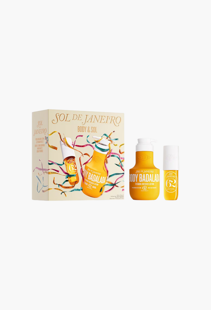 GLAM MODA Sol de Janeiro Body & Sol gift set featuring a 400ml Body Badalada lotion and 90ml Cheirosa 62 perfume mist.