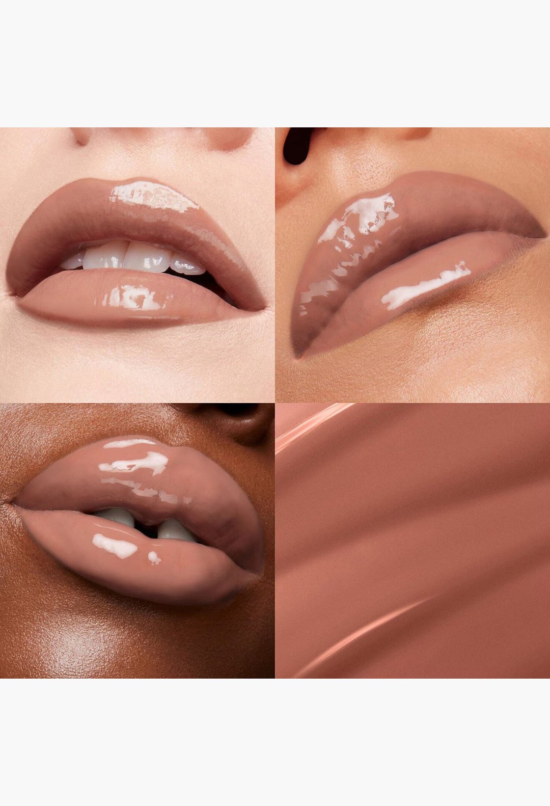 GLAM MODA MoistureGlow liquid lip color in a soft nude beige shade with a high-shine, glossy, and plumping finish.