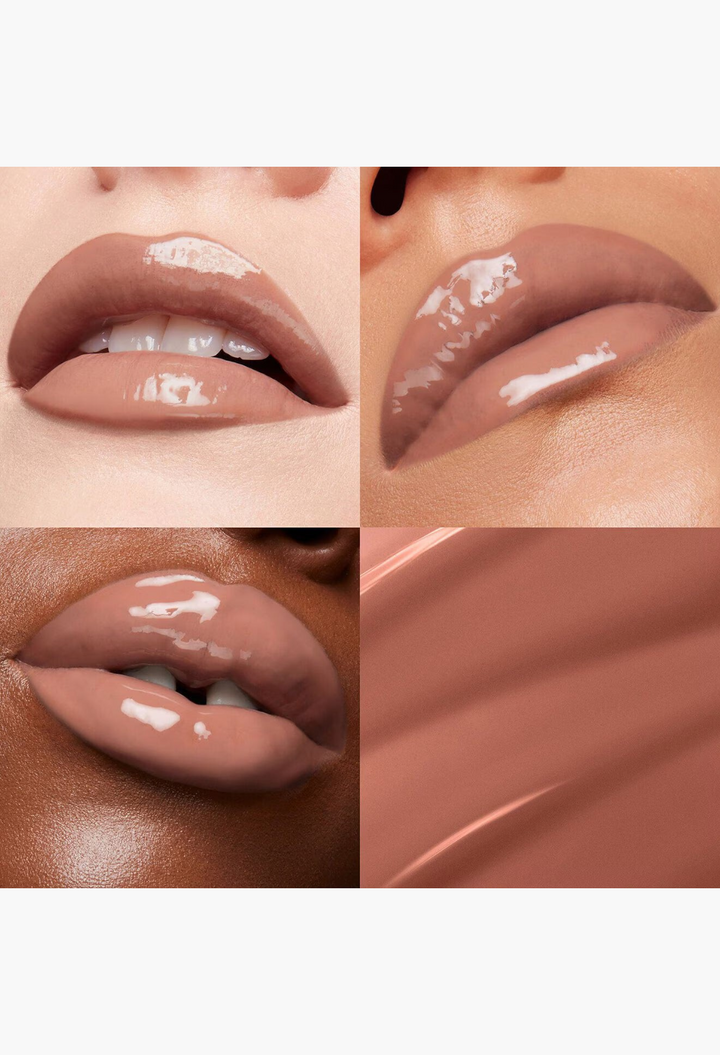 GLAM MODA MoistureGlow liquid lip color in a soft nude beige shade with a high-shine, glossy, and plumping finish.