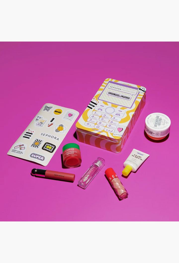 GLAM MODA Sephora Social Favs beauty box set featuring lip products, sunscreen, body cream, and decorative stickers.