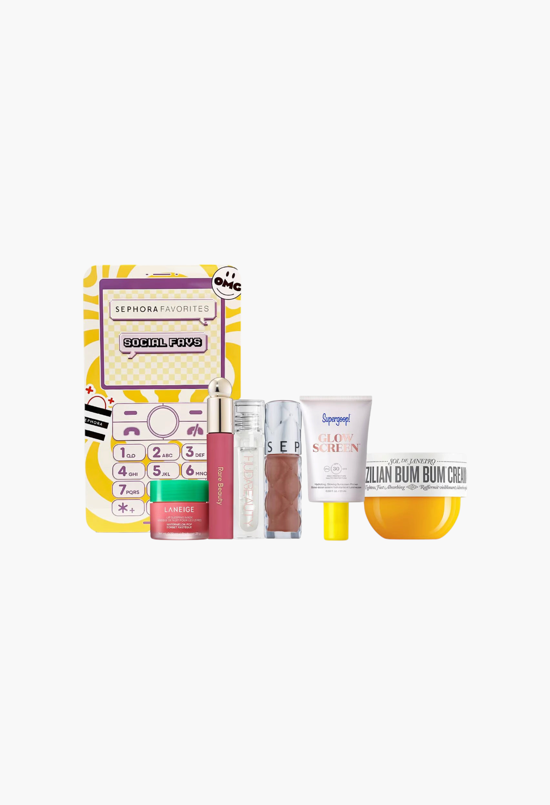 GLAM MODA Sephora Social Favs beauty set featuring lip oils, glosses, sunscreen, and cream in a retro phone box
