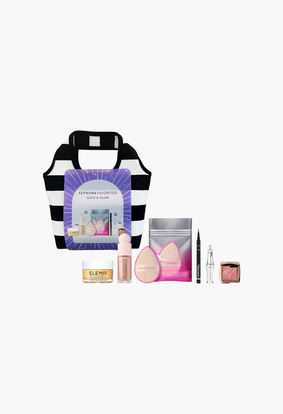 GLAM MODA Glitz & Glam beauty set featuring makeup, skincare, and tools in a black and white striped tote bag.