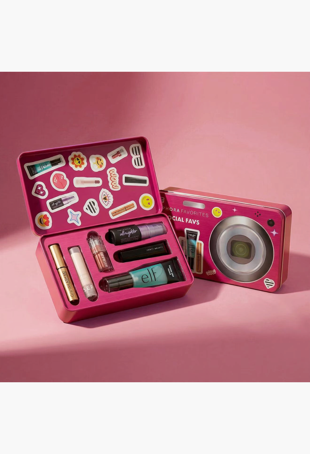 GLAM MODA Social Favs 2026 beauty kit in a pink camera-themed tin with viral makeup and skincare minis.