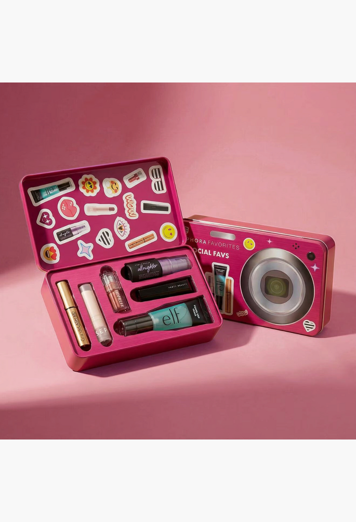 GLAM MODA Social Favs 2026 beauty kit in a pink camera-themed tin with viral makeup and skincare minis.