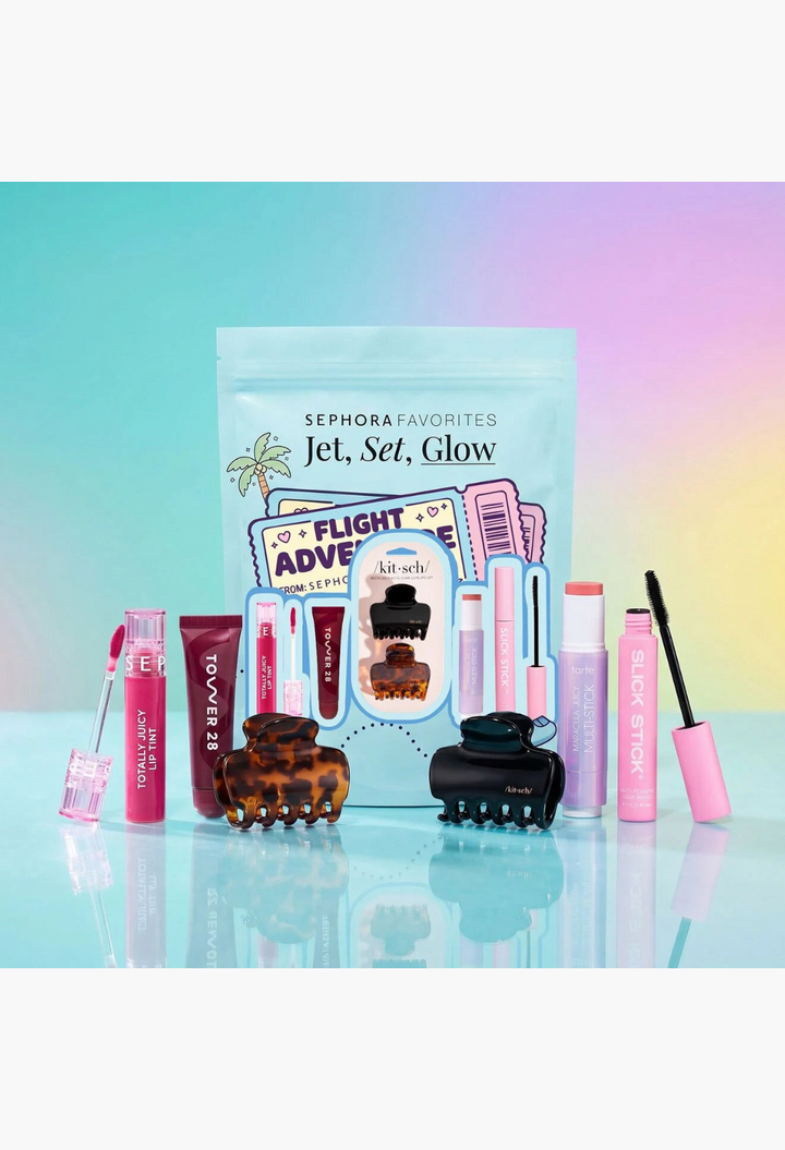 GLAM MODA Jet Set Glow beauty kit featuring lip tints, blush, hair styling sticks, and Kitsch claw clips.