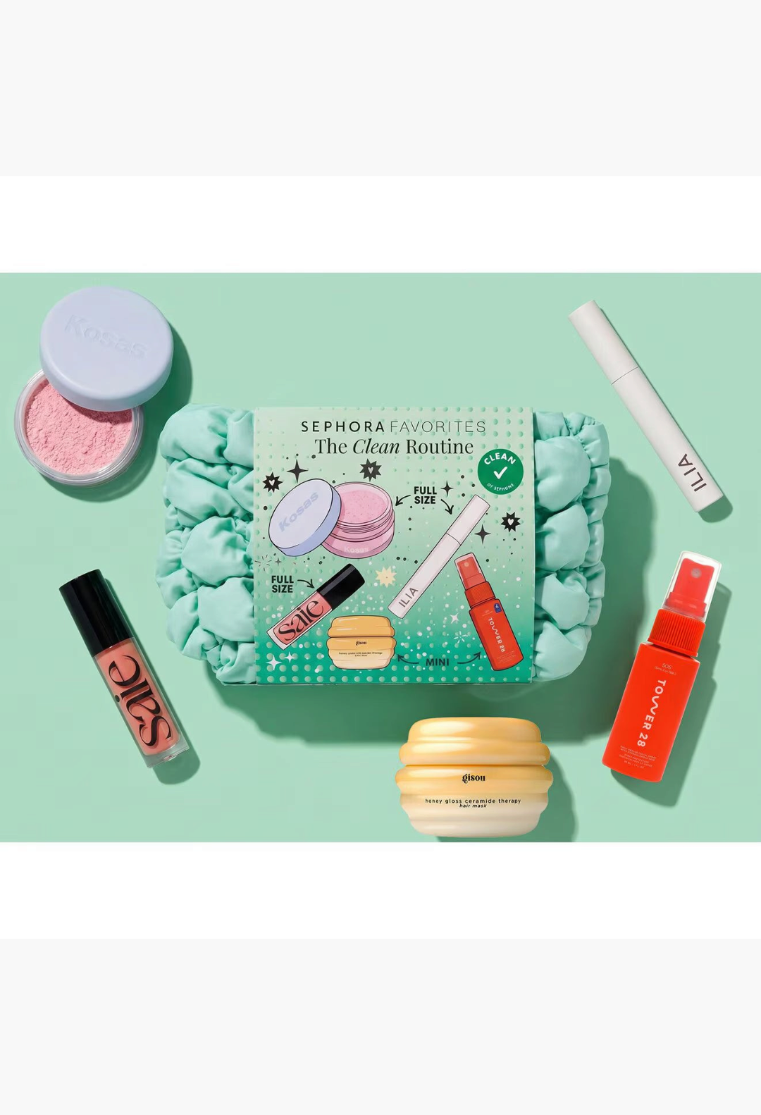 GLAM MODA The Clean Routine beauty set featuring makeup, skincare, and haircare products on a mint green background.