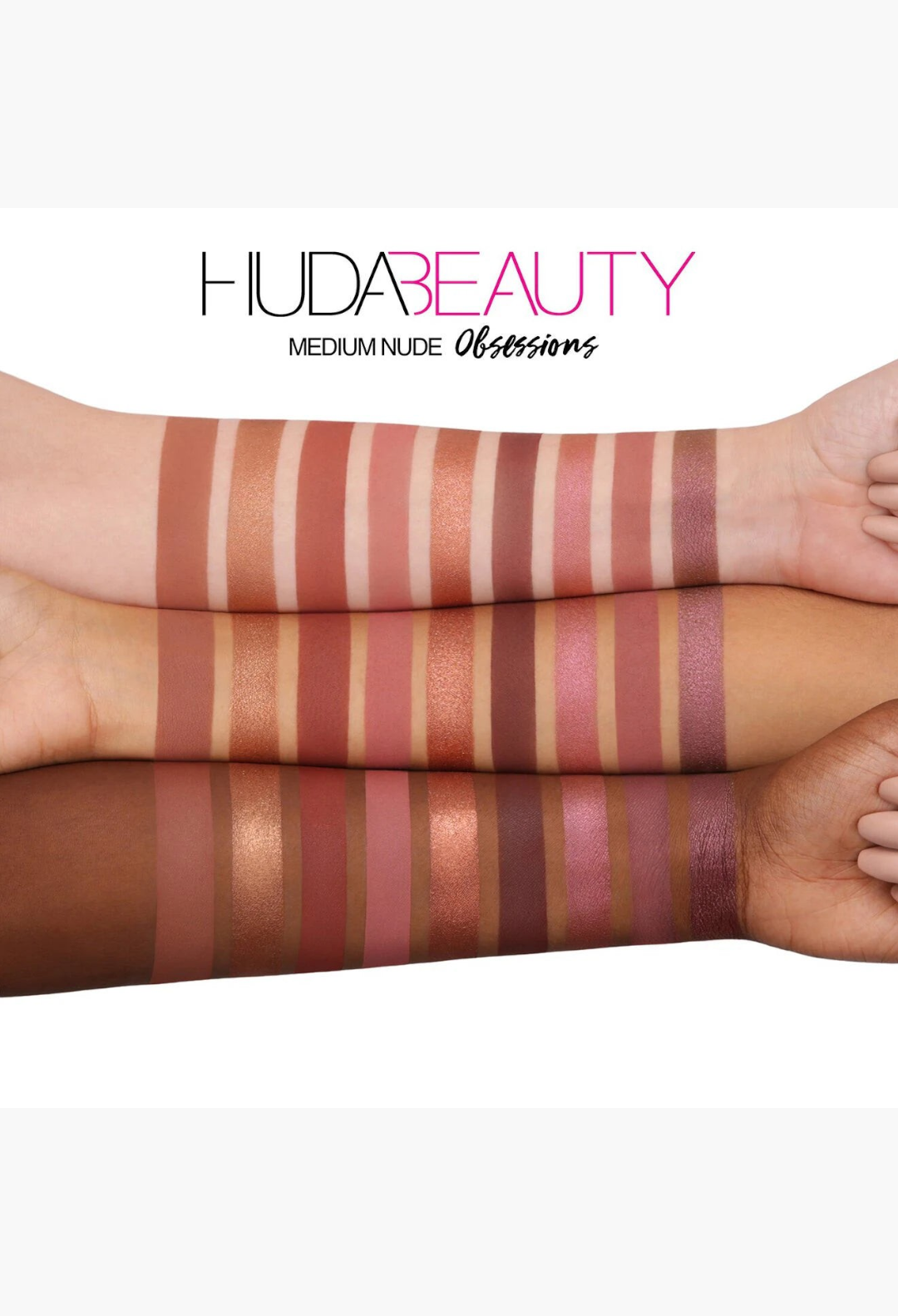 GLAM MODA Nude Obsessions eyeshadow palette swatches on three different skin tones showing matte and shimmer finishes.