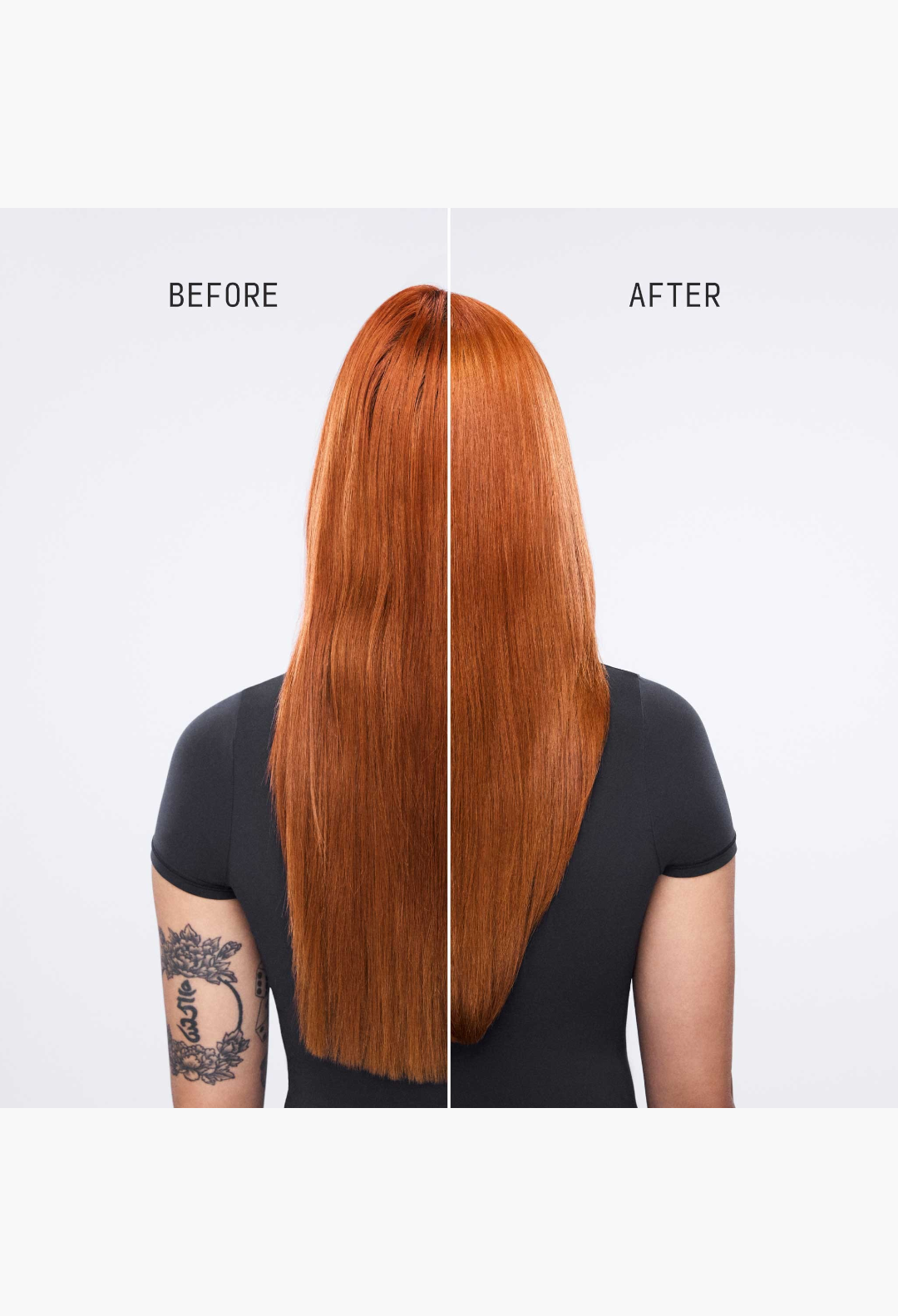 GLAM MODA hydrating conditioner before and after results on long straight red hair showing improved shine and smoothness