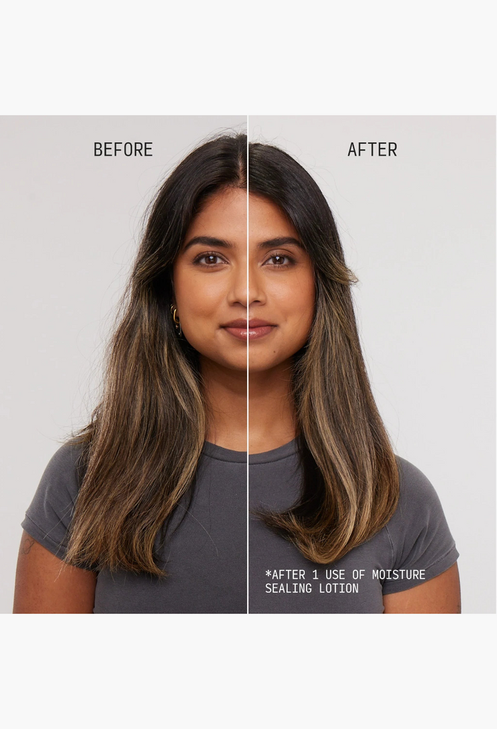 GLAM MODA Moisture Sealing Lotion before and after comparison showing smooth, shiny, and frizz-free hair results.