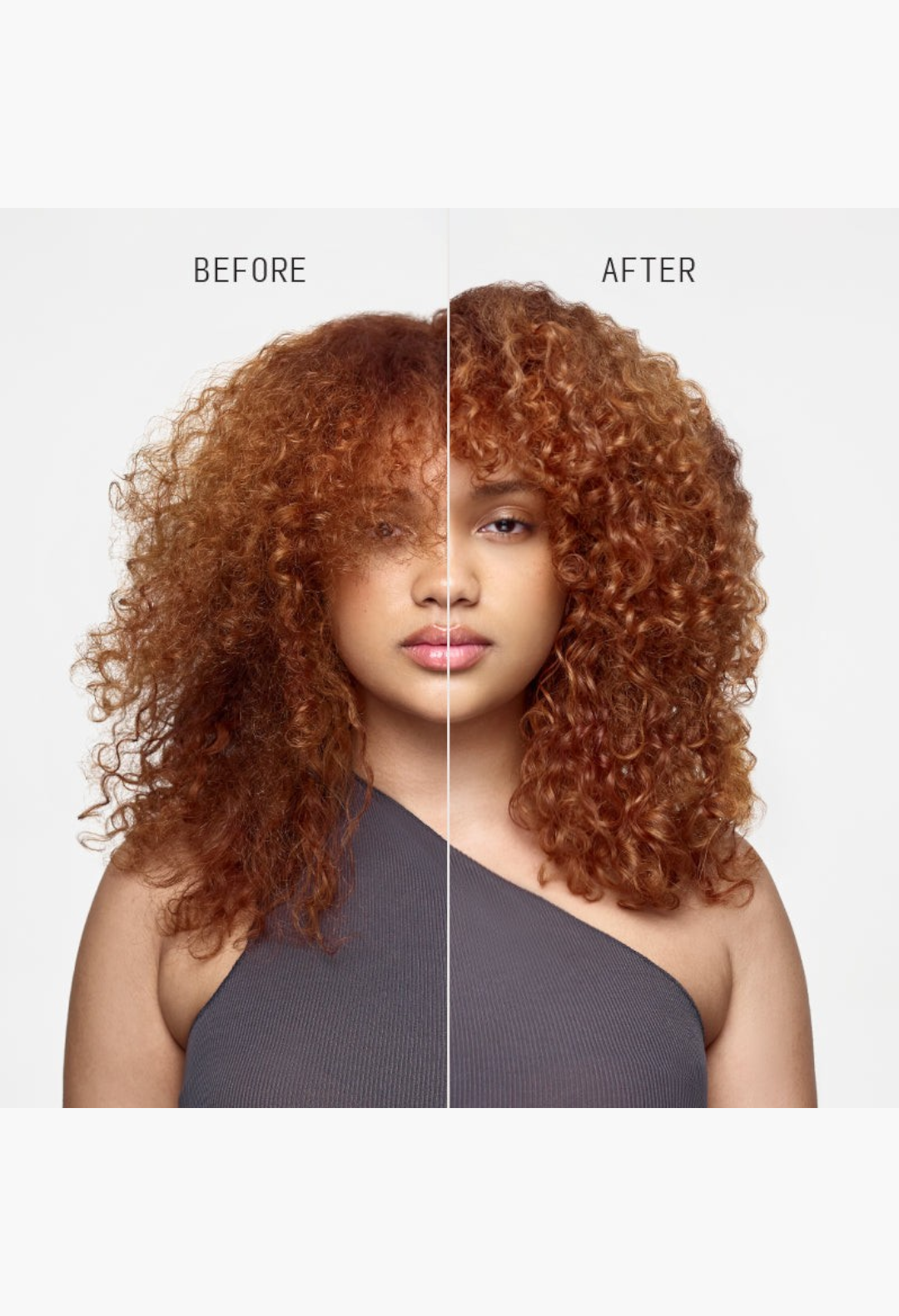 GLAM MODA before and after comparison of curly red hair showing damage repair and shine from treatment mask
