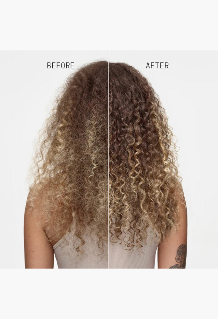 GLAM MODA Reconstructing Treatment Mask showing before and after results on curly blonde hair with improved shine